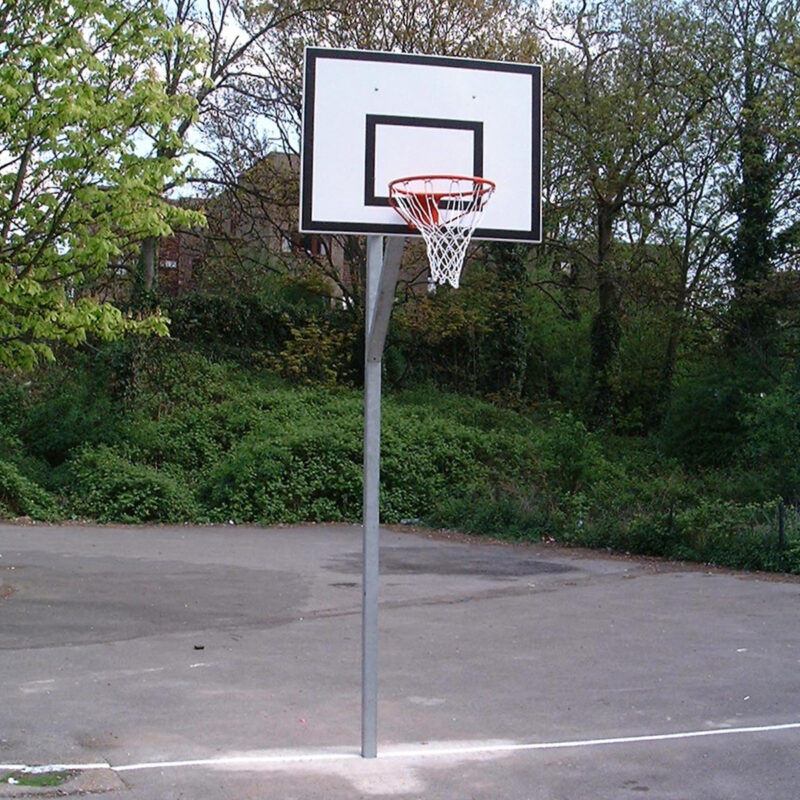 Outdoor basketball goal with a 100mm square galvanised steel upright, weatherproof fibreglass-coated wood backboard, and a heavy-duty powder-coated ring, designed for playground use.