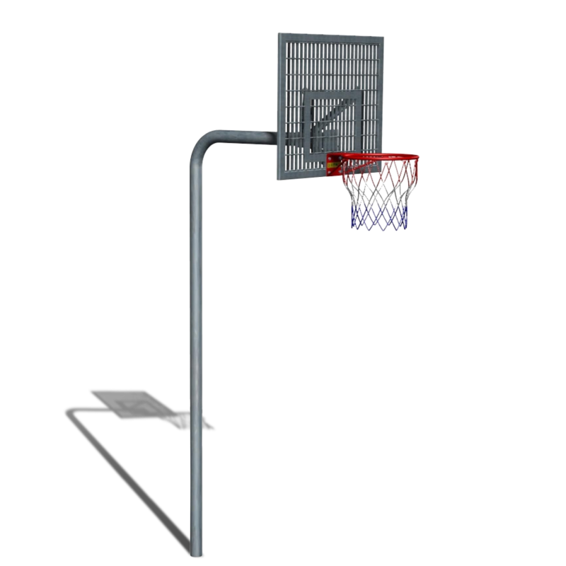 Basketball goal with a durable steel windflow backboard, curved steel post, and a red hoop with a chain net for outdoor use.