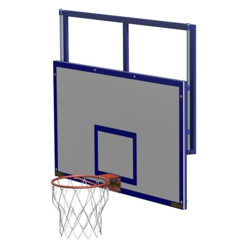 Adjustable-height basketball goal with a durable backboard, blue frame, red hoop, and net, mounted on a wall system for flexible use.