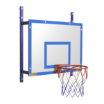 300mm Projection brackets for basketball goals with a sturdy blue frame, attached to a clear backboard and hoop for extended wall mounting.
