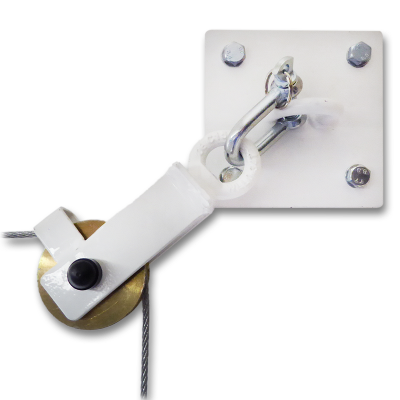 Durable basketball ceiling fixing featuring a white mounting plate, metal pulley, and secure cable attachment system.