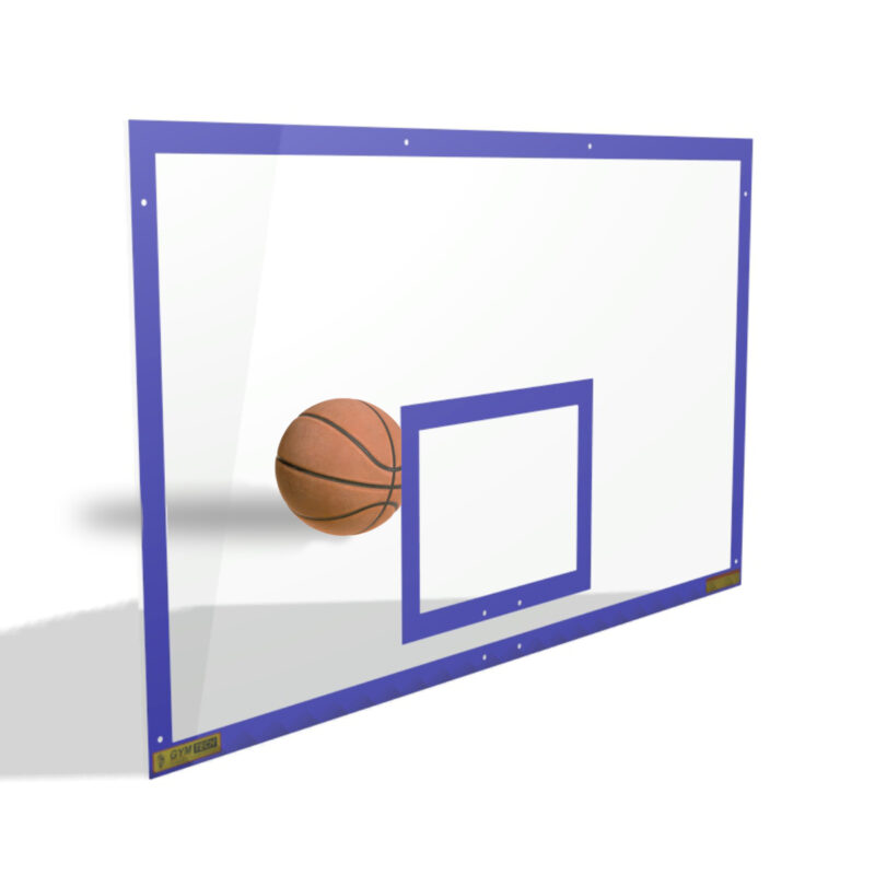 Transparent basketball backboard with blue perimeter markings, and basketball in background showcasing the clear view through the backbaord
