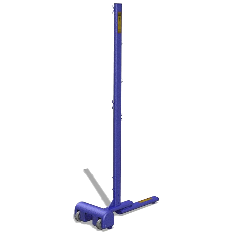 Blue competition badminton post with a 20kg counterbalance base, smooth grey wheels, and welded net hooks for precise net attachment.