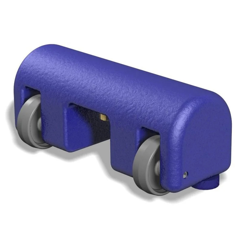 Blue cast iron badminton post weight with smooth grey wheels for easy mobility, designed for stability and durability.