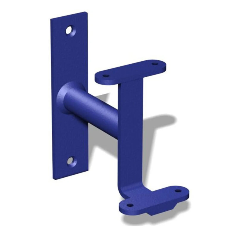 Blue ballet barre double bracket with wall-mount design and two support arms for securely holding two wooden ballet barres.