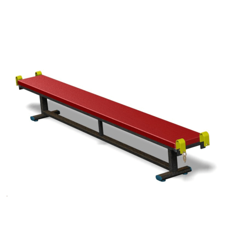 Heavy-duty gymnastics bench with a red padded top, black steel base, blue feet, and yellow linking hooks with securing chain.