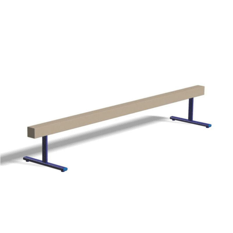 GBEM040 Gymnastics balance beam with a beige carpeted top for grip, supported by blue steel legs and a low T-base for stability.