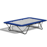 Large rectangular Goliath competition folding trampoline with a steel frame, blue padding, webbed jumping bed, and reinforced legs.