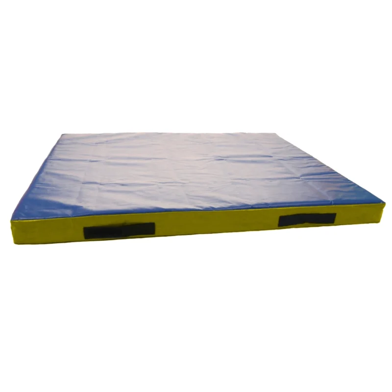 GTRE041 Blue and yellow trampoline spotter mat with four grab handles for trampoline spotting safety