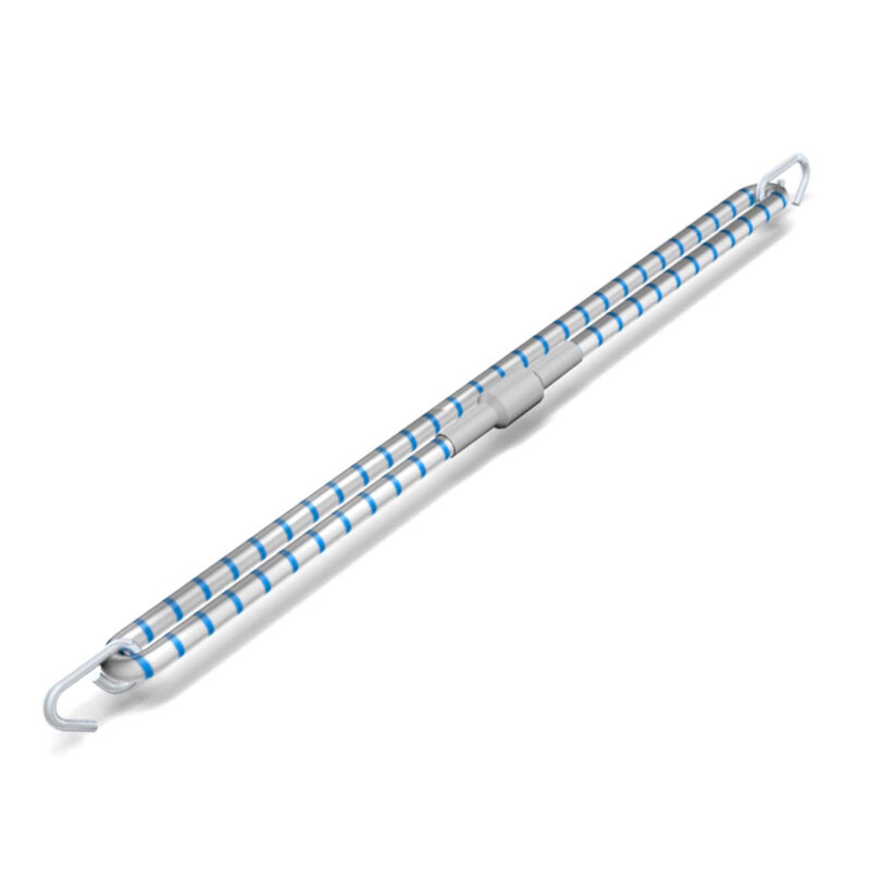 Elastic mini tramp cable with a coiled design, featuring metal hooks on both ends for secure attachment. Designed for enhanced trampoline performance and durability
