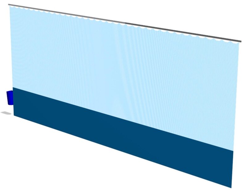 Illustration of a light blue sports hall dividing curtain with a darker bottom section, designed for easy storage and separation of playing areas.
