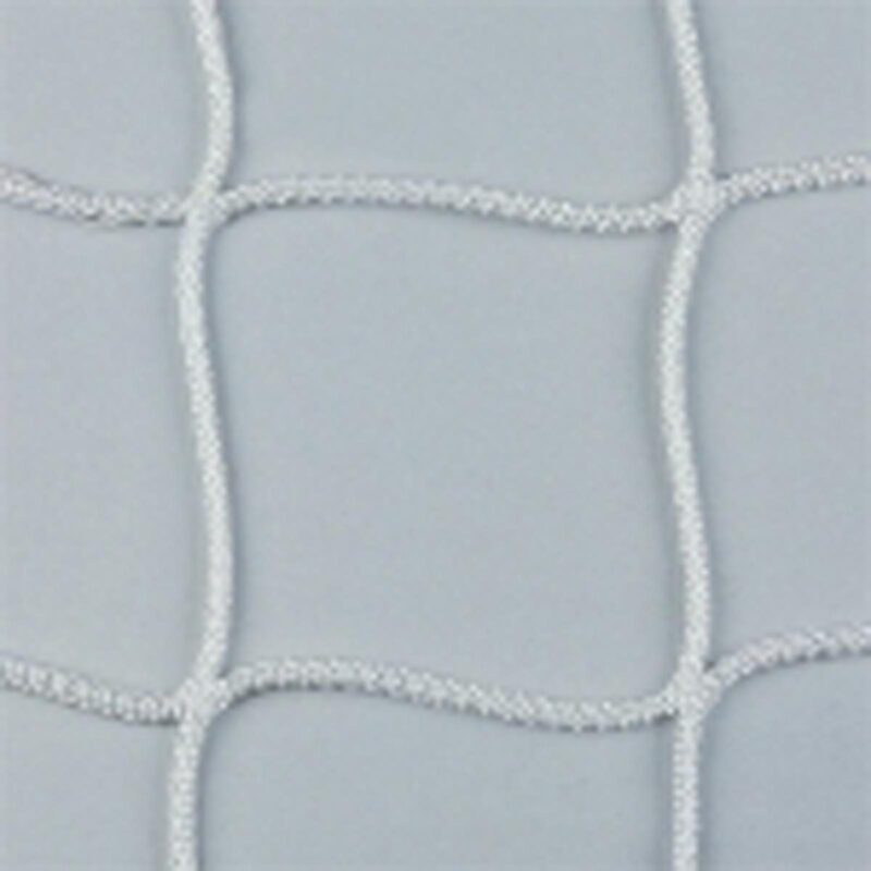 Close-up of a white knotted 5-a-side goal net showing durable material and neat intersections for reliable performance
