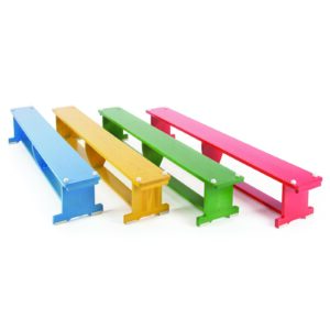 Set of lightweight gym benches in vibrant team colours: red, green, blue, and yellow, made from sustainably sourced timber with rubber feet and buttons.