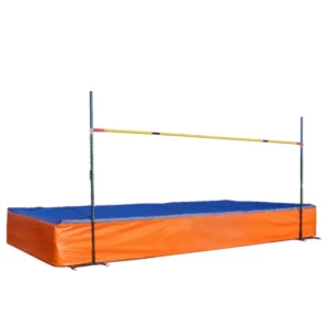 Thumbnail image of an orange and blue high jump area landing mat complete with high jump pole on white background.